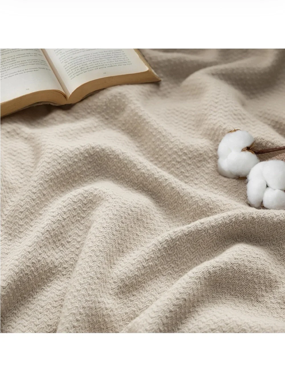NEW Bedsure 100% Cotton Blanket, Herringbone Weave, Twin-XL, Linen Beige